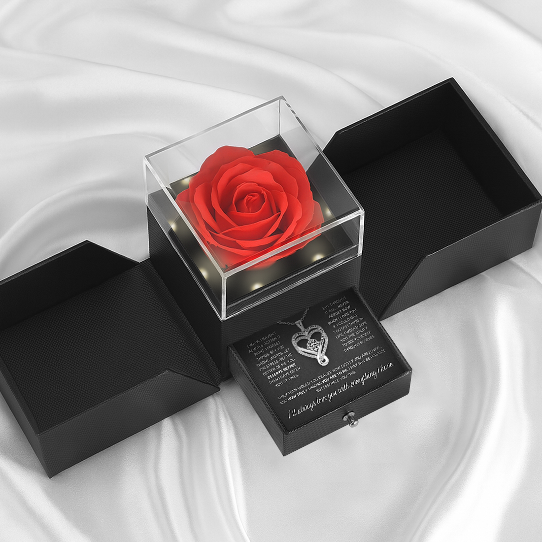 To My Wife – Sparkling Heart Necklace & Rose Light Box