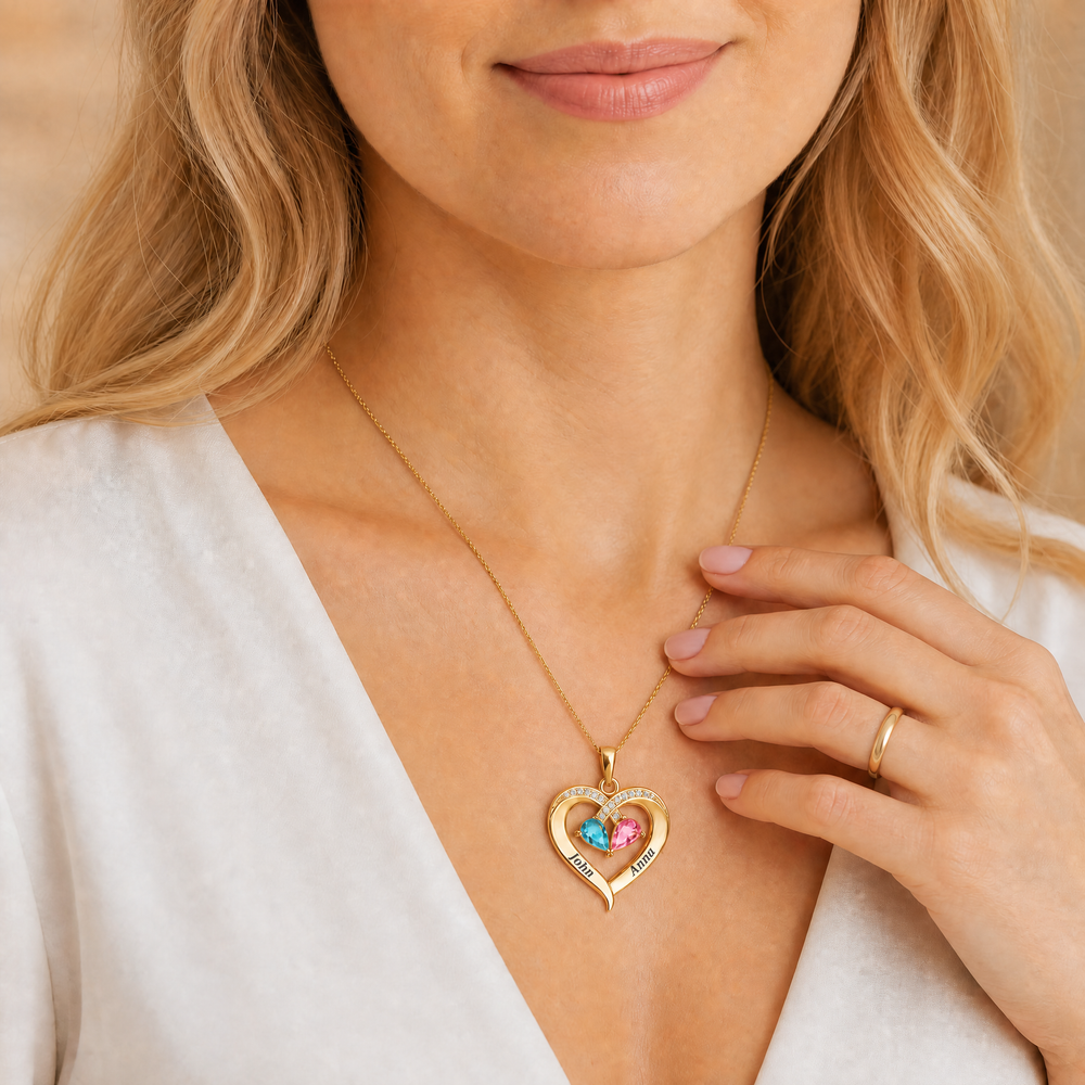 Forever Yours – Birthstone Heart Necklace & Engraved Walnut Box