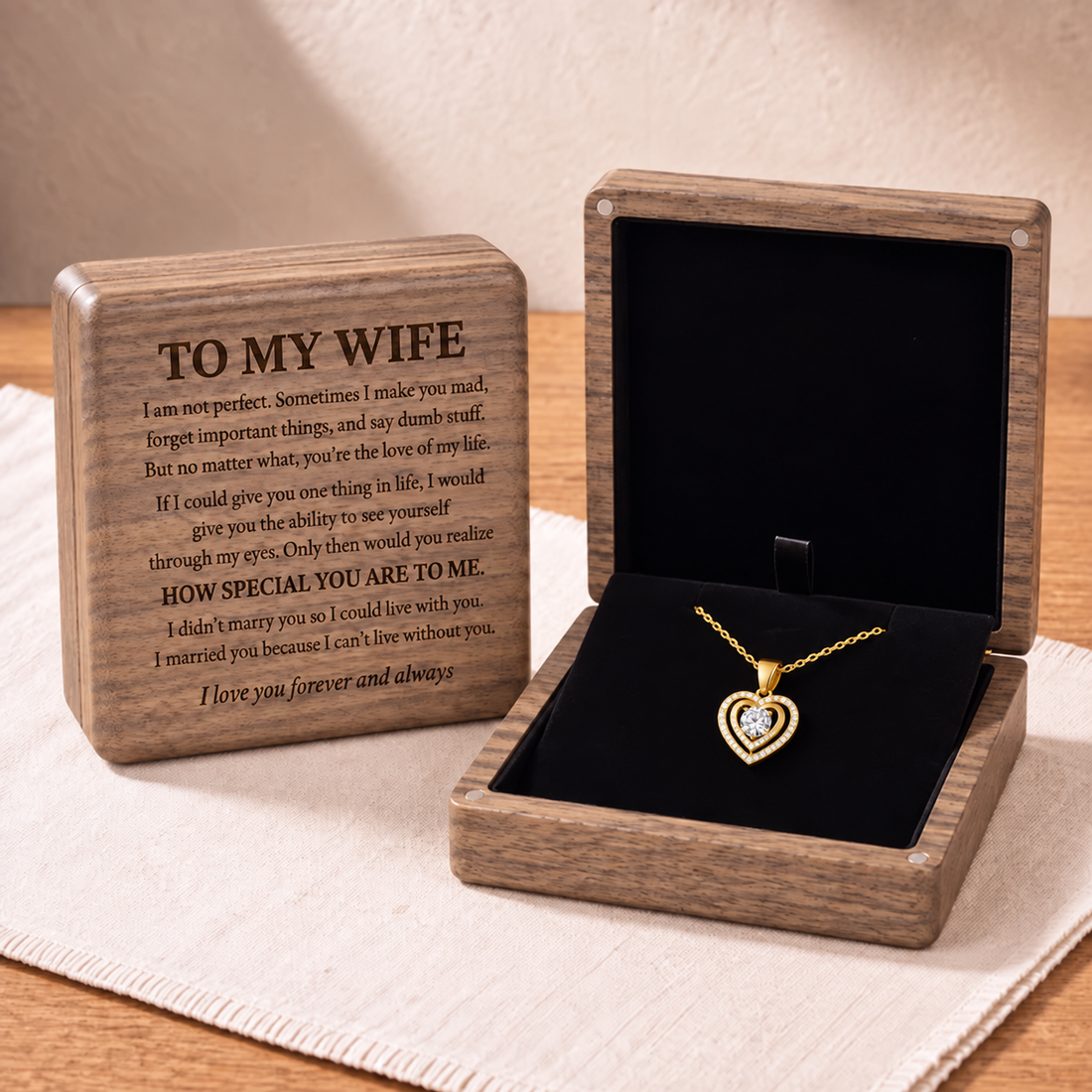 To My Wife – Halo Heart Necklace in Engraved Walnut Box