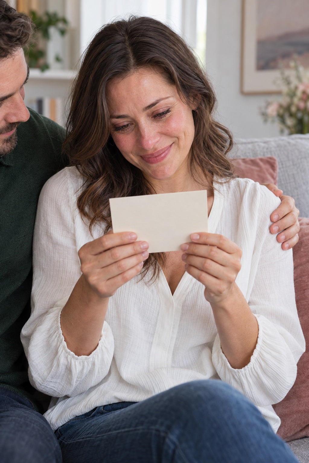 A woman quietly reading a personal note