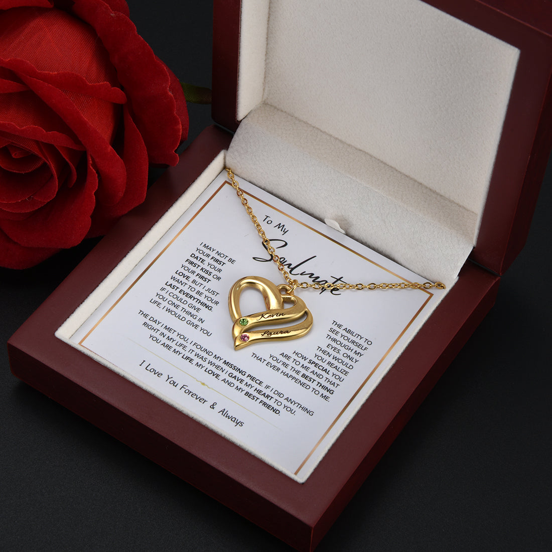 Personalised Heart Necklace – Two Names & Two Birthstones