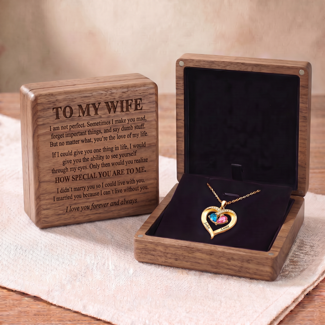 Forever Yours – Birthstone Heart Necklace & Engraved Walnut Box