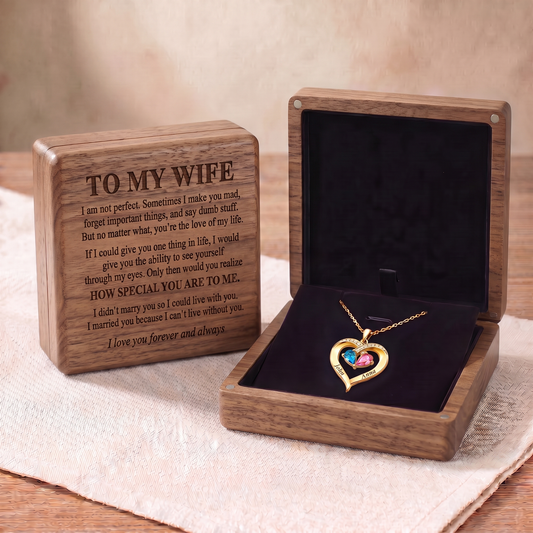 Forever Yours – Birthstone Heart Necklace & Engraved Walnut Box